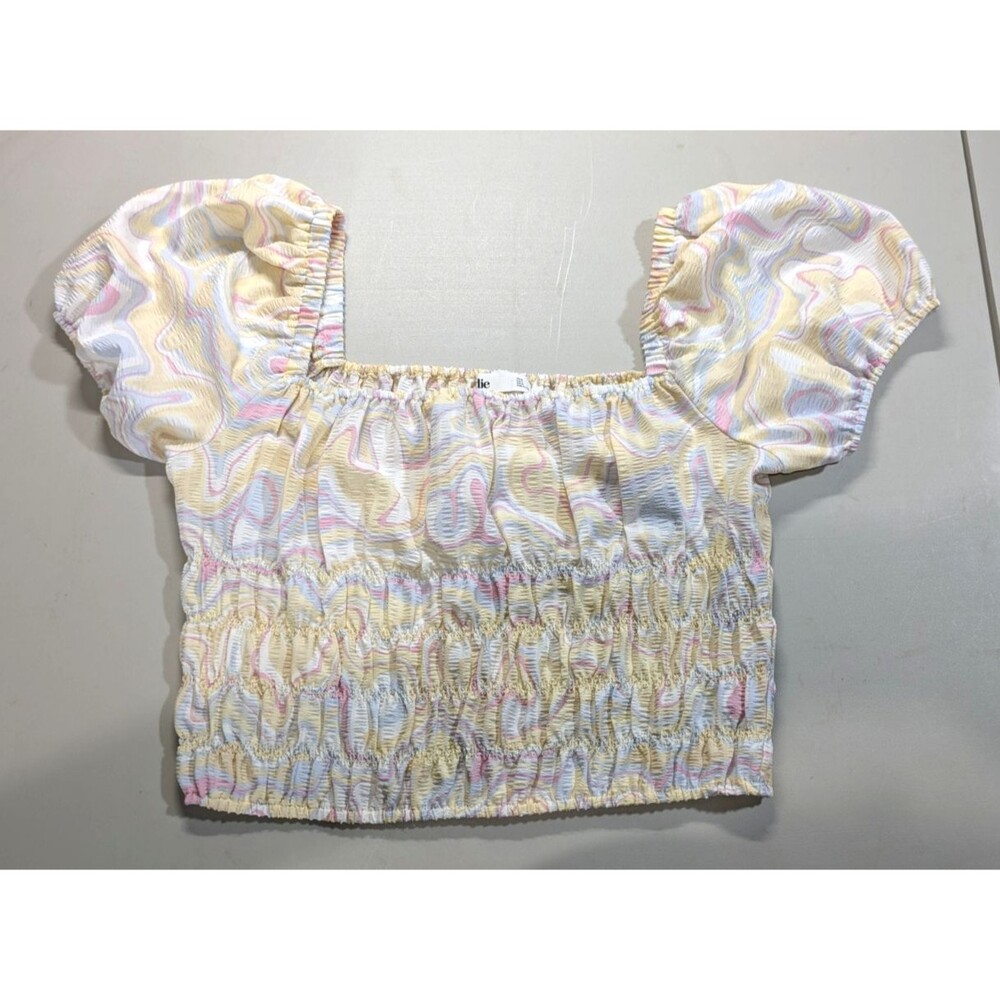 Elodie Smocked Square Neck Puff Sleeve Crop Boho Top Swirl Pastel Print XL